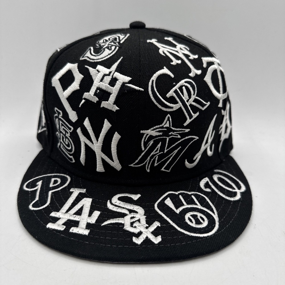 All MLB Teams Patch Logos All-Over Black/White 9FlFTY Snap Back Cap Hat NEW